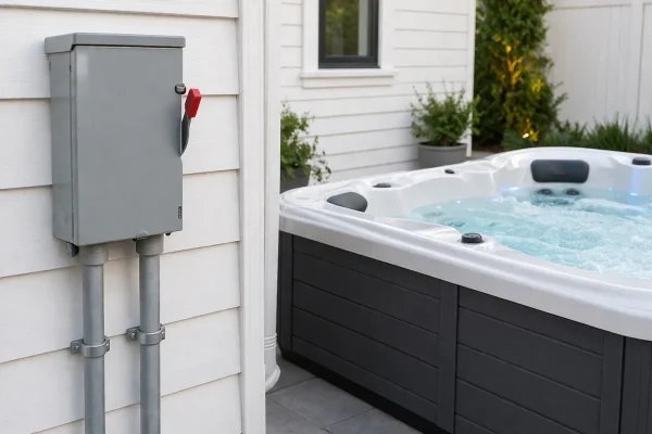 Backyard hot tub beside a deck