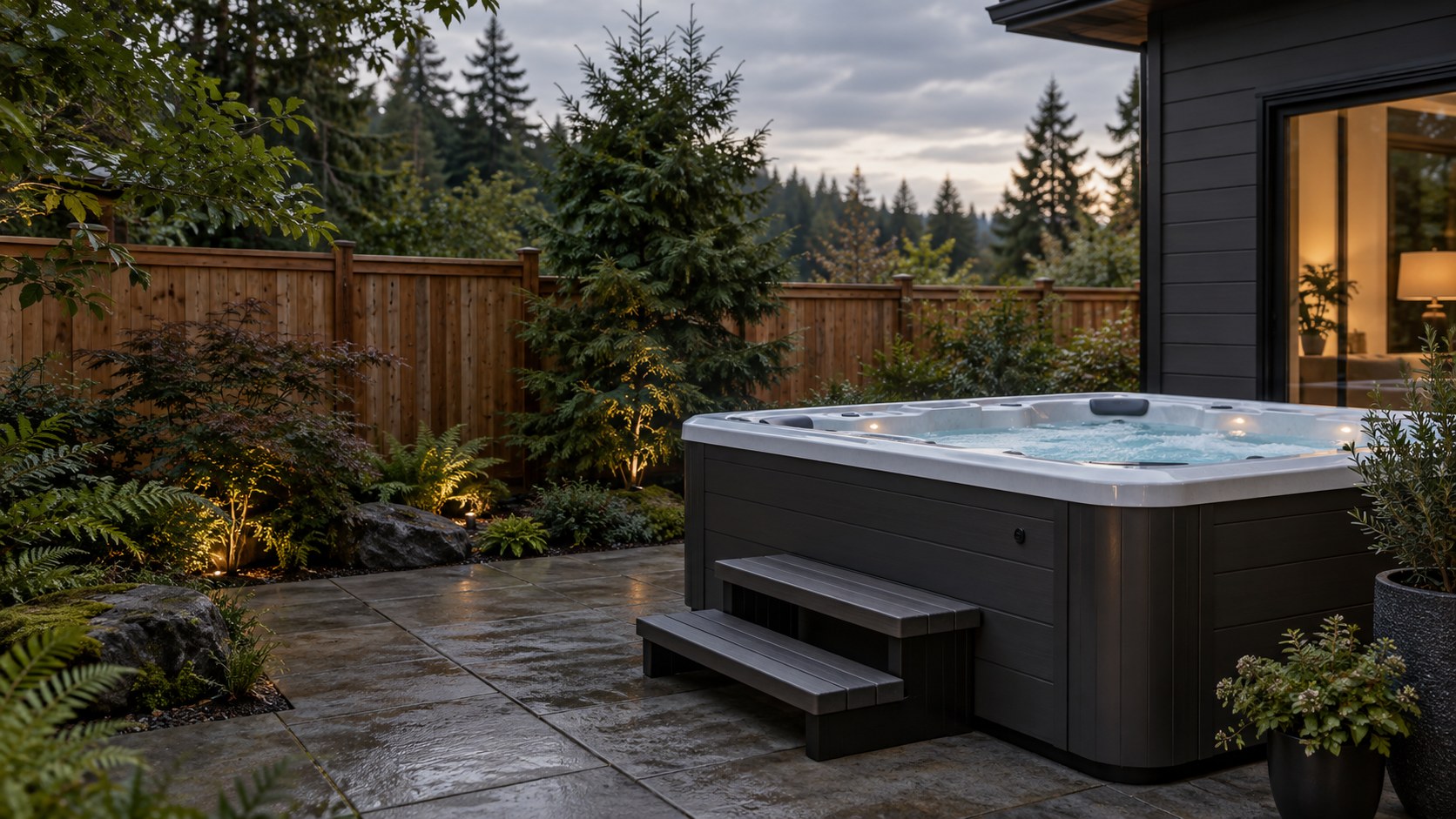 Illustrative backyard hot tub setting